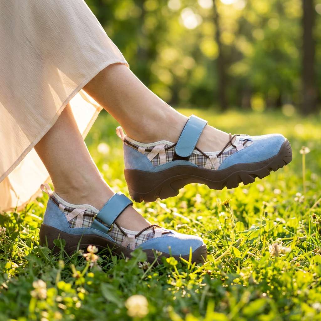 Niebieskie buty w kratkowane wstawki z paskiem na rzep, noszone z lekką spódnicą na trawie w słonecznym parku. 8