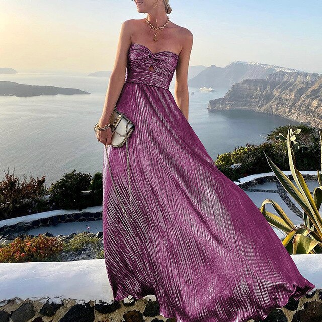 Maxi sukienka letnia z dekoltem w serek i akcentem w talii – Rosa-Fioletowy-S-Trend Polska