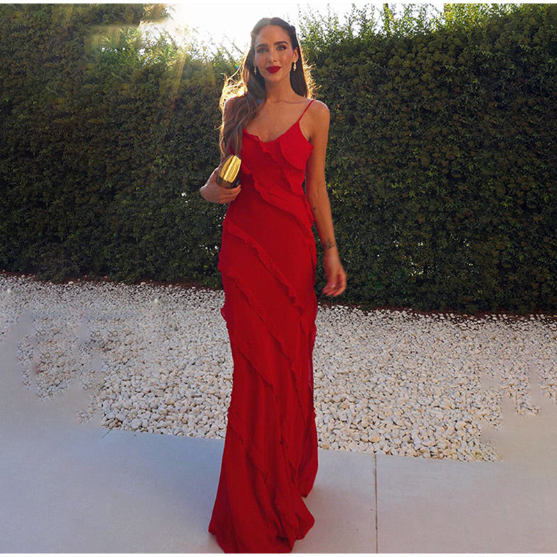 Maxi sukienka z falbanami - GraceFlow-Czerwony-S-Trend Polska