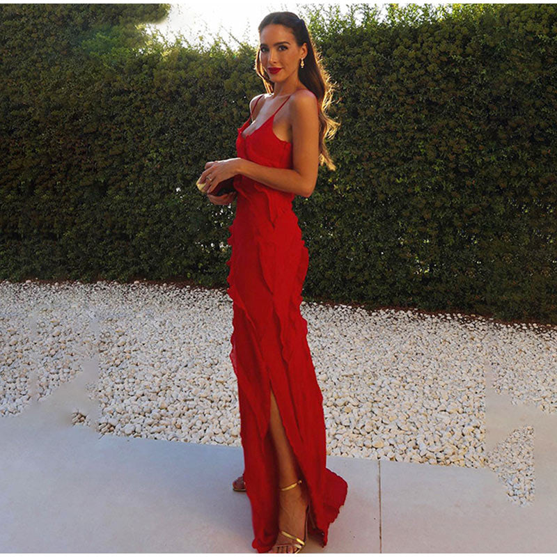 Maxi sukienka z falbanami - GraceFlow-Czerwony-S-Trend Polska