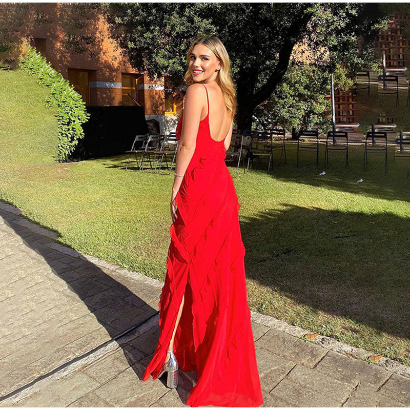 Maxi sukienka z falbanami - GraceFlow-Czerwony-S-Trend Polska