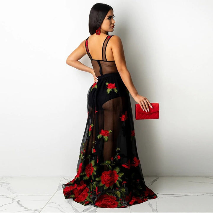 Maxi sukienka z haftem kwiatowym i ramiączkami spaghetti – Rosalie-S-Trend Polska
