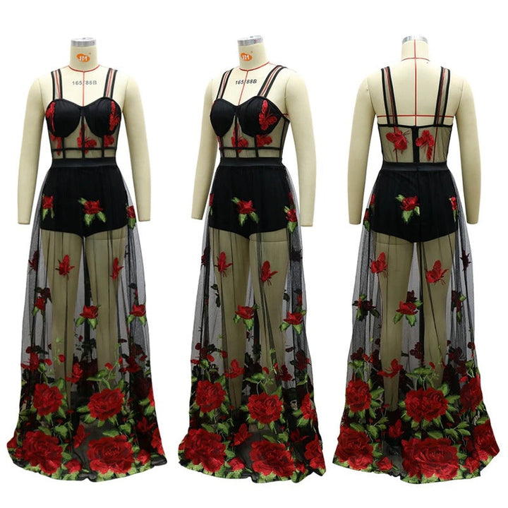 Maxi sukienka z haftem kwiatowym i ramiączkami spaghetti – Rosalie-S-Trend Polska
