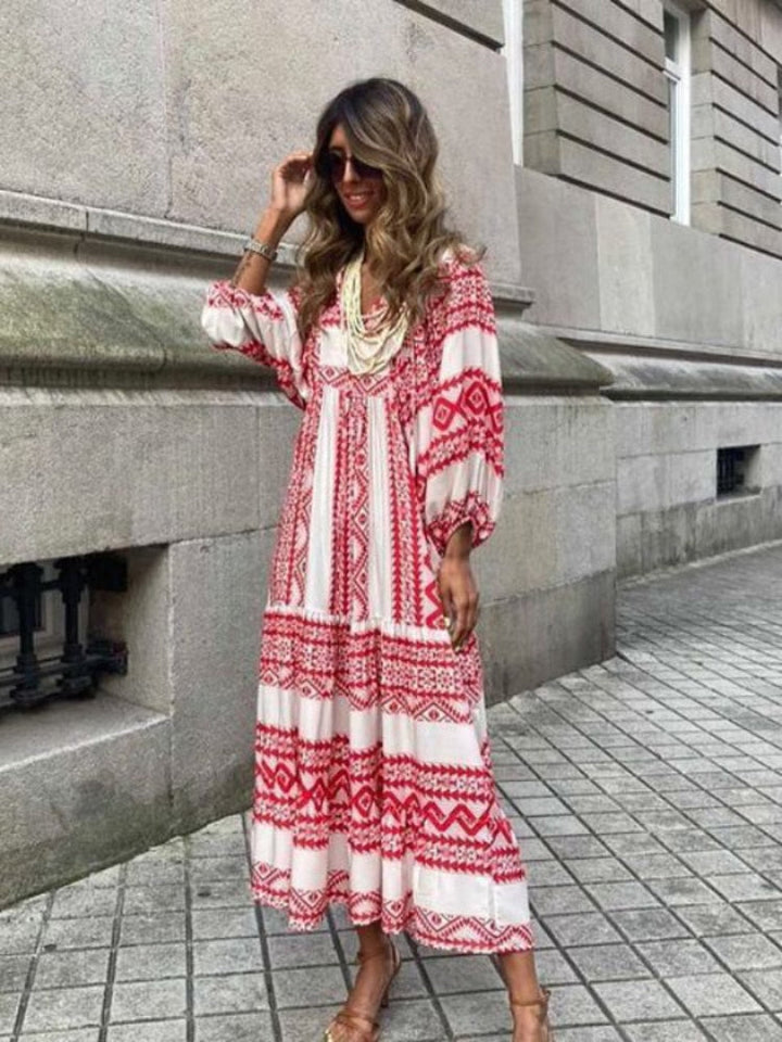 Maxi sukienka z nadrukiem z paskiem w talii – Aurelia-Czerwono Biały-S-Trend Polska