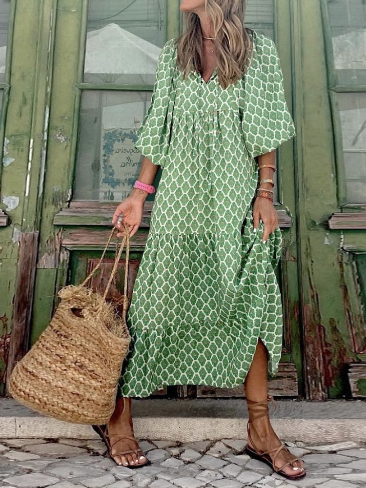 Maxi sukienka z nadrukiem z paskiem w talii – Aurelia-Jasnozielony-S-Trend Polska