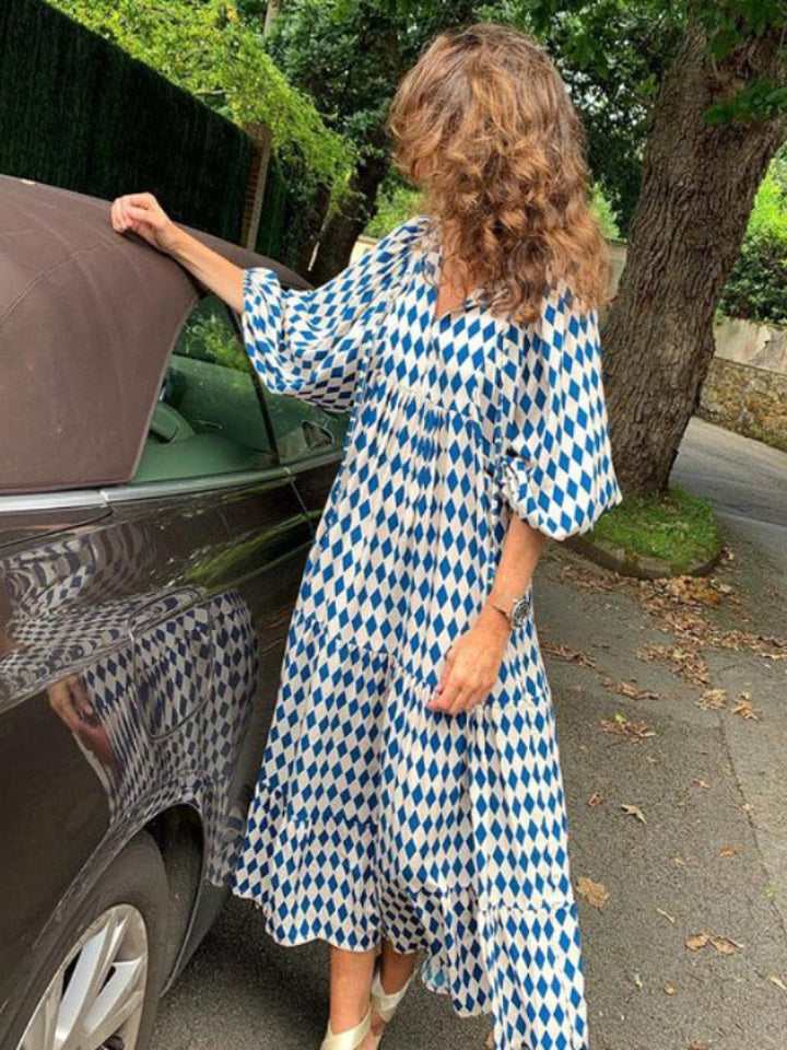 Maxi sukienka z nadrukiem z paskiem w talii – Aurelia-Niebieski-S-Trend Polska