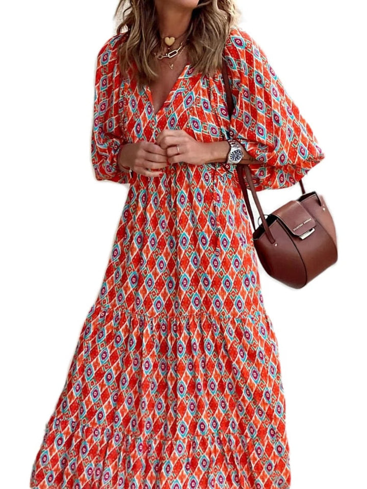 Maxi sukienka z nadrukiem z paskiem w talii – Aurelia-Pomarańcza-S-Trend Polska