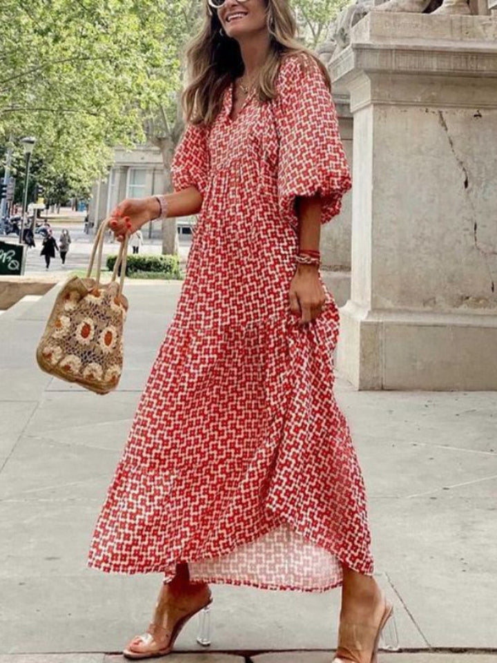 Maxi sukienka z nadrukiem z paskiem w talii – Aurelia-Rot-S-Trend Polska