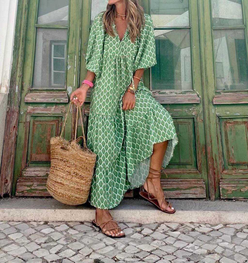 Maxi sukienka z nadrukiem z paskiem w talii – Aurelia-Rot-S-Trend Polska