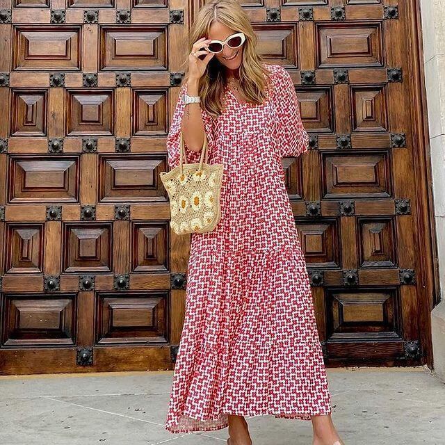 Maxi sukienka z nadrukiem z paskiem w talii – Aurelia-Rot-S-Trend Polska