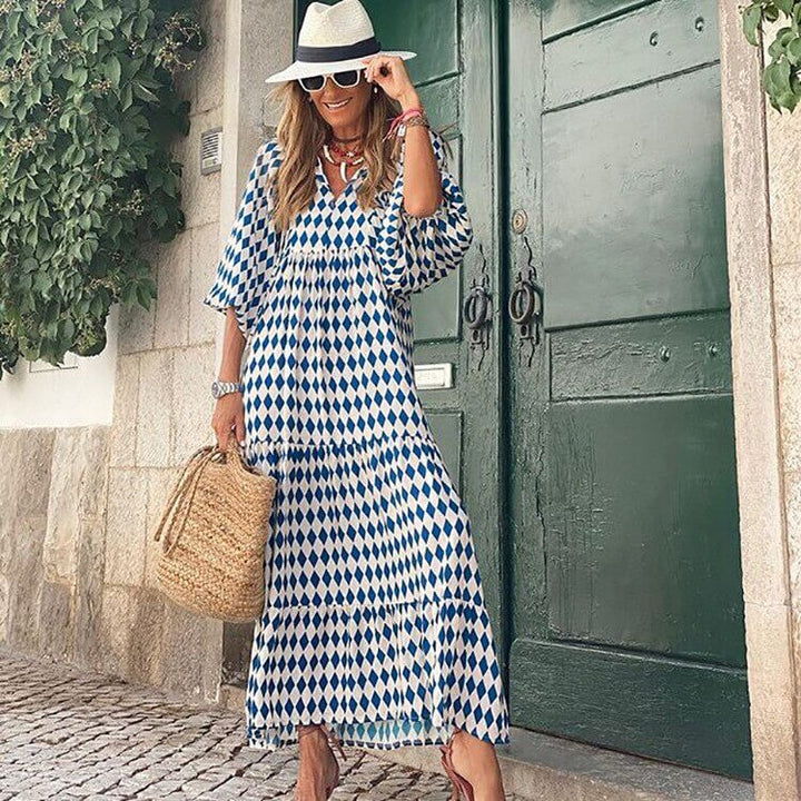 Maxi sukienka z nadrukiem z paskiem w talii – Aurelia-Rot-S-Trend Polska