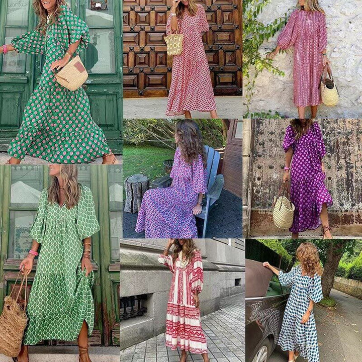 Maxi sukienka z nadrukiem z paskiem w talii – Aurelia-Rot-S-Trend Polska