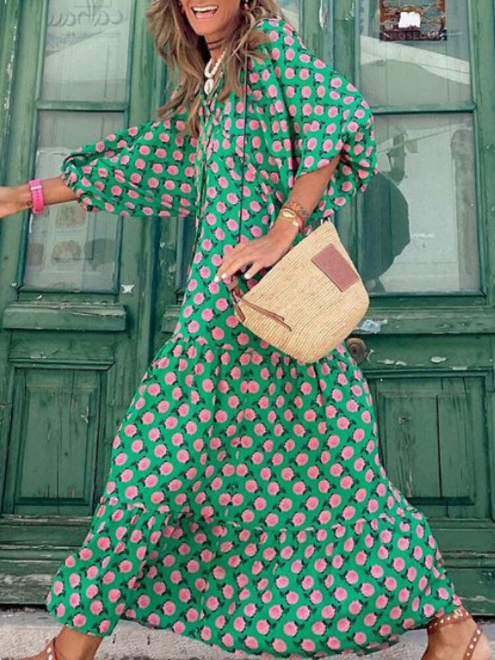 Maxi sukienka z nadrukiem z paskiem w talii – Aurelia-Zielony-S-Trend Polska