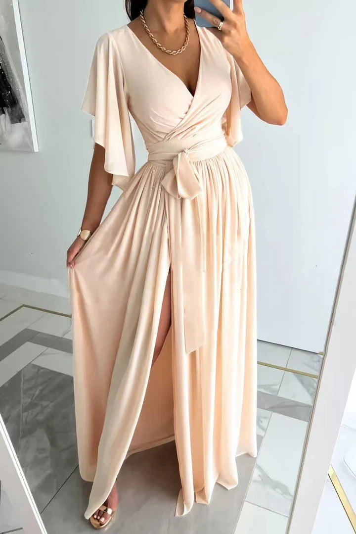 Maxi Sukienka z Wysokim Rozcięciem - BreezeWave-XS-beżowy-Trend Polska