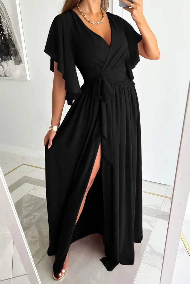 Maxi Sukienka z Wysokim Rozcięciem - BreezeWave-XS-czarny-Trend Polska