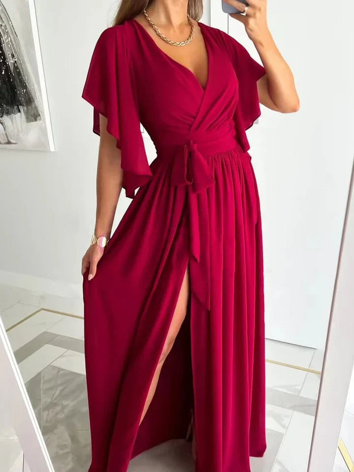 Maxi Sukienka z Wysokim Rozcięciem - BreezeWave-XS-czerwony-1-Trend Polska