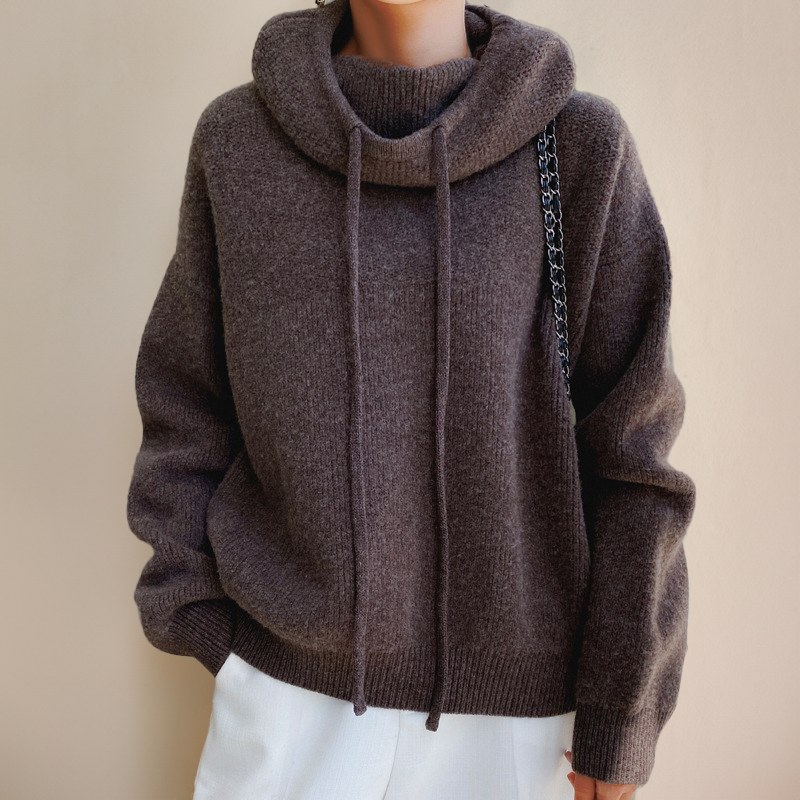Merino Wełniany Damski Sweter z Golfem - Lena-Brązowy-XS-Trend Polska