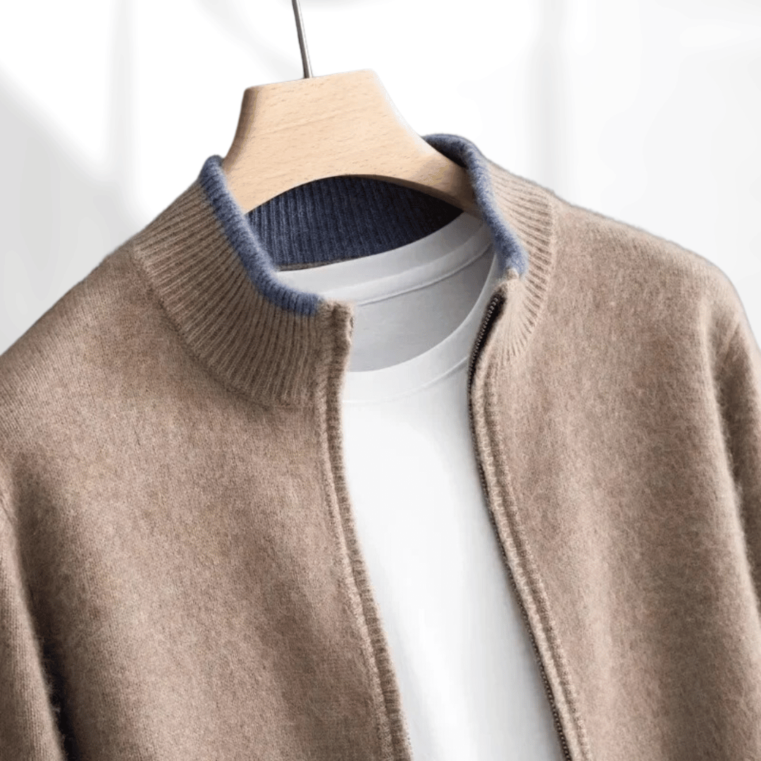 Męska kaszmirowa bluza z zamkiem – Laurent-Khaki-S-Trend Polska