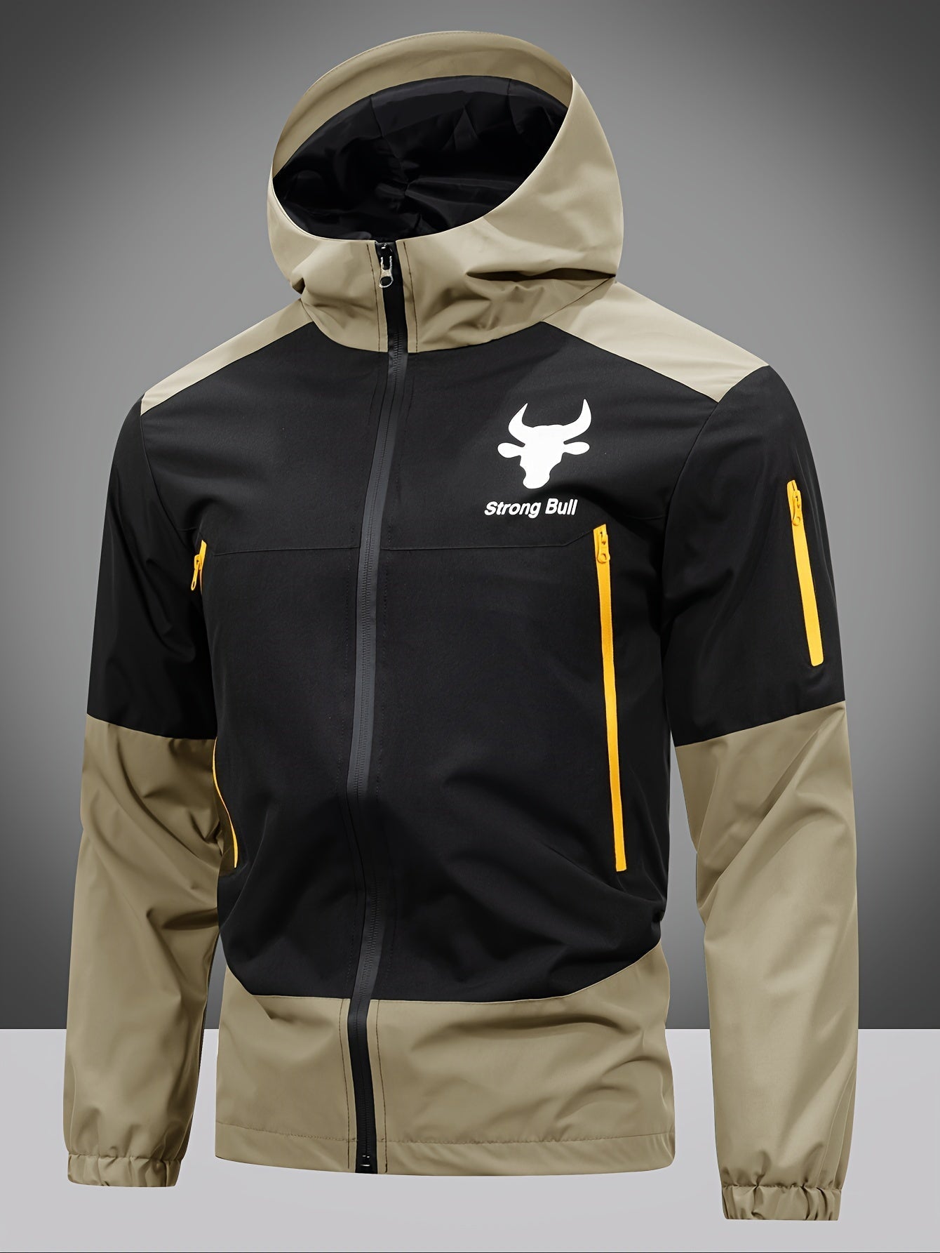 Męska kurtka z zamkiem, kapturem i designem w blokach kolorów - Milan-Khaki-S-Trend Polska