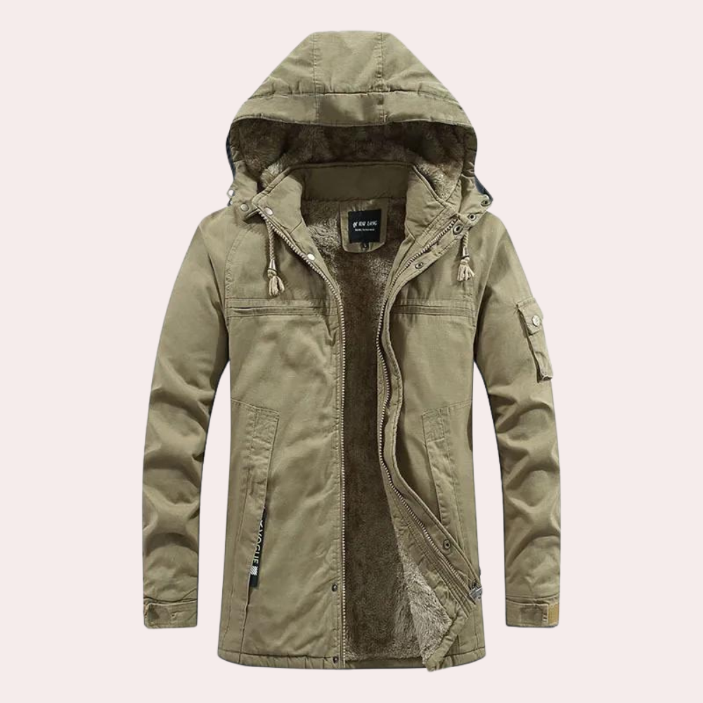 Męska zimowa kurtka z ciepłym kapturem - Logan-Khaki-S-Trend Polska