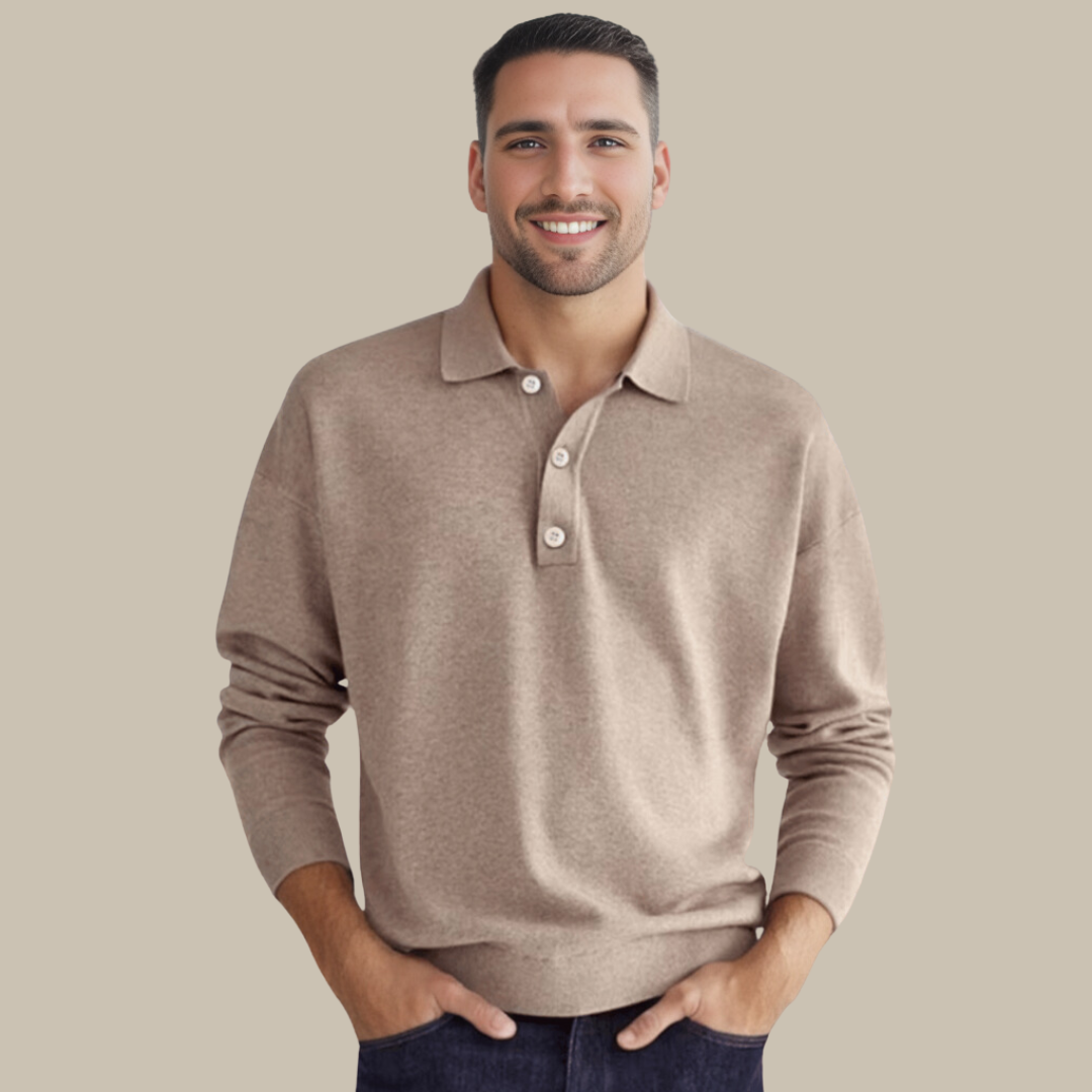 Męski Sweter Polo z Długim Rękawem - GentCraft-Beżowy-S-Trend Polska