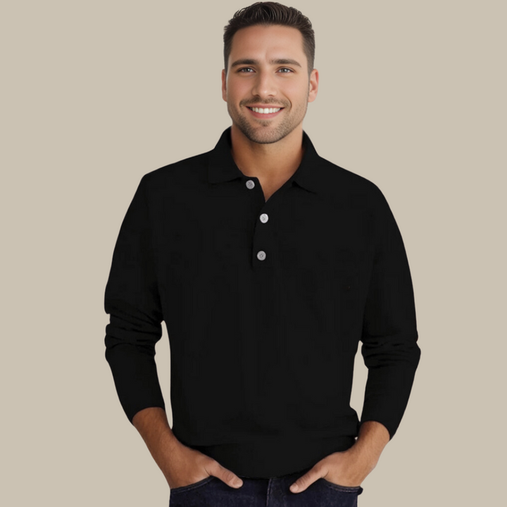 Męski Sweter Polo z Długim Rękawem - GentCraft-Czarny-S-Trend Polska
