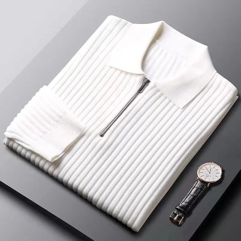 Męski sweter polo z merino z zamek błyskawiczny - Ethan-Biały-M-Trend Polska