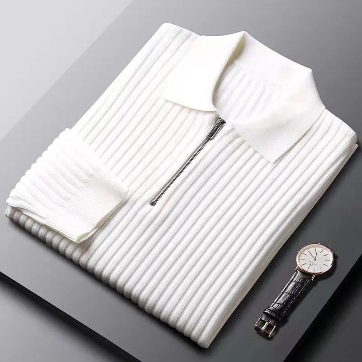 Męski sweter polo z merino z zamek błyskawiczny - Ethan-Biały-M-Trend Polska