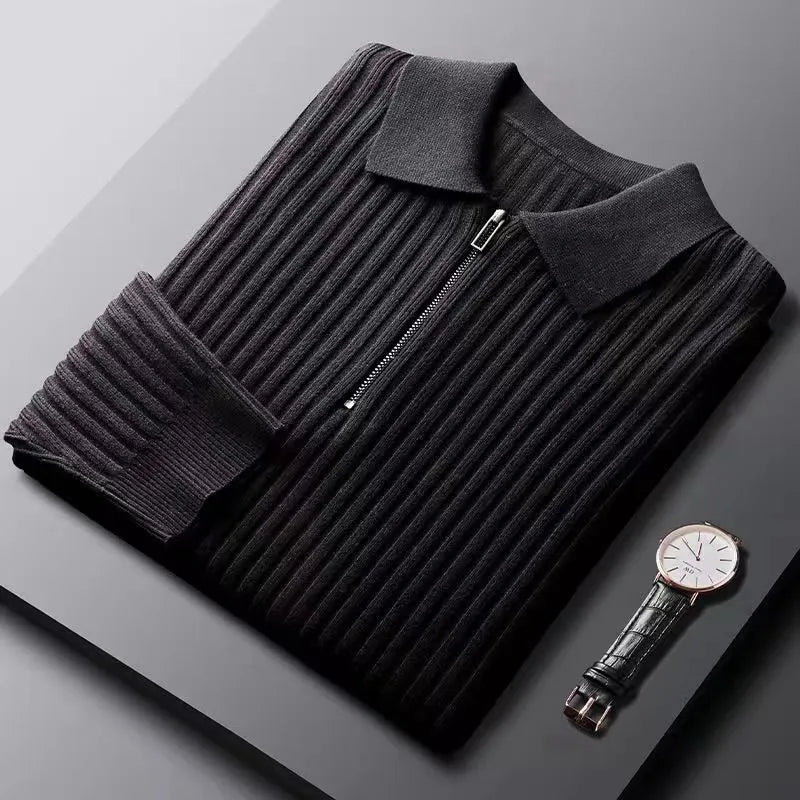 Męski sweter polo z merino z zamek błyskawiczny - Ethan-Czarny-M-Trend Polska