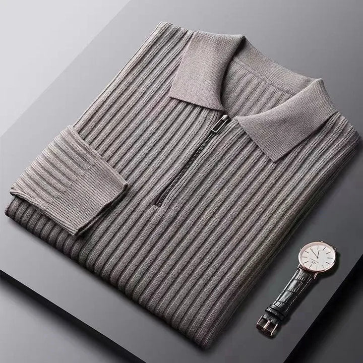 Męski sweter polo z merino z zamek błyskawiczny - Ethan-Szary-M-Trend Polska