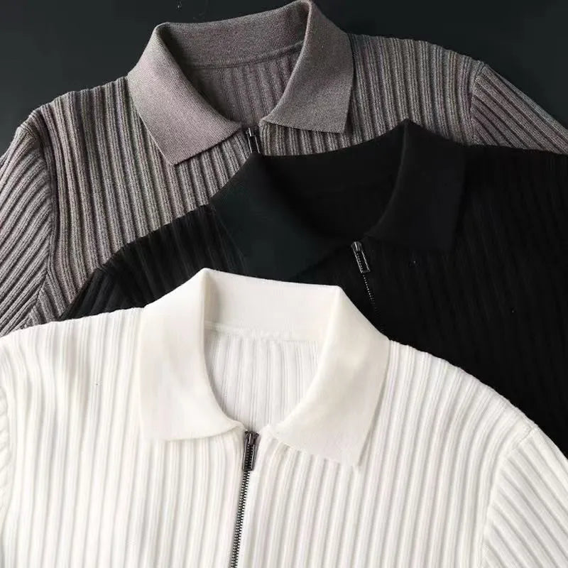 Męski sweter polo z merino z zamek błyskawiczny - Ethan-Czarny-M-Trend Polska