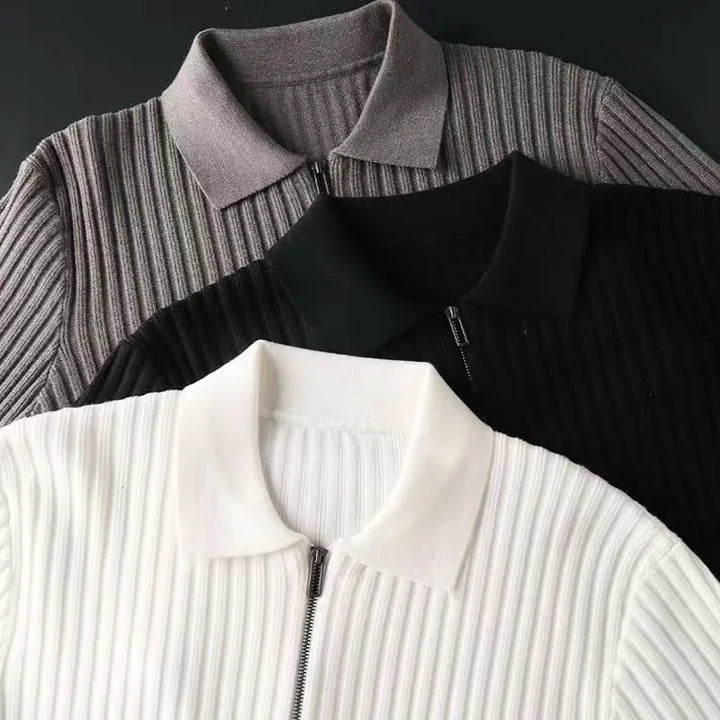 Męski sweter polo z merino z zamek błyskawiczny - Ethan-Czarny-M-Trend Polska