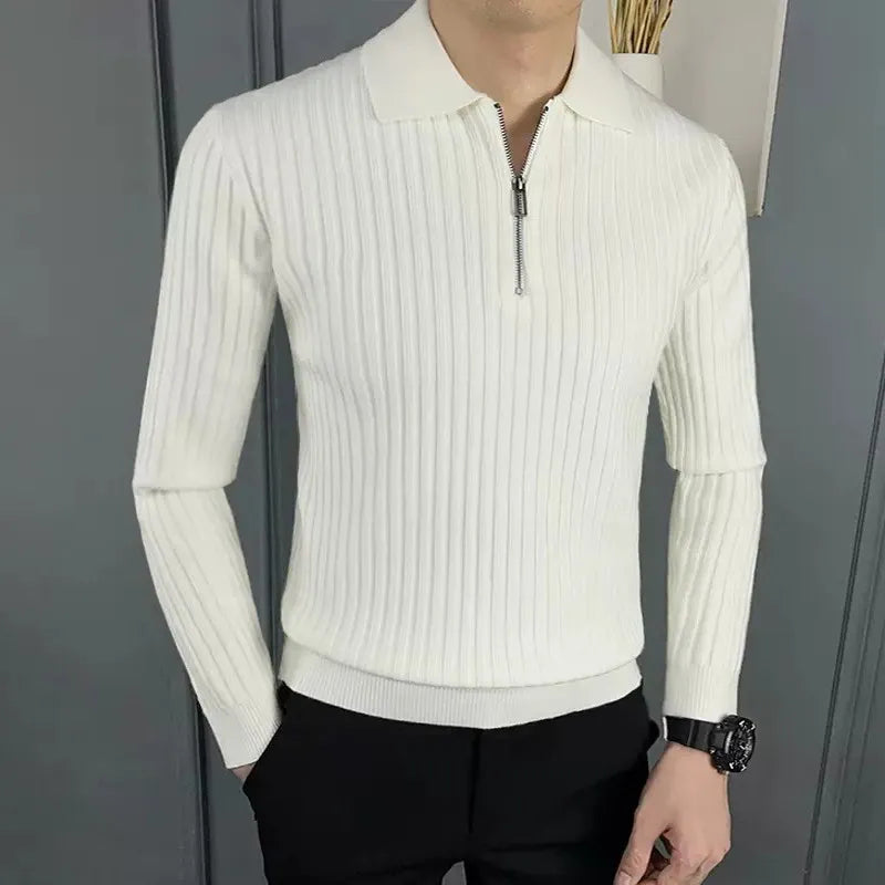 Męski sweter polo z merino z zamek błyskawiczny - Ethan-Czarny-M-Trend Polska