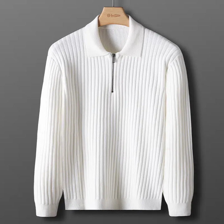 Męski sweter polo z merino z zamek błyskawiczny - Ethan-Czarny-M-Trend Polska