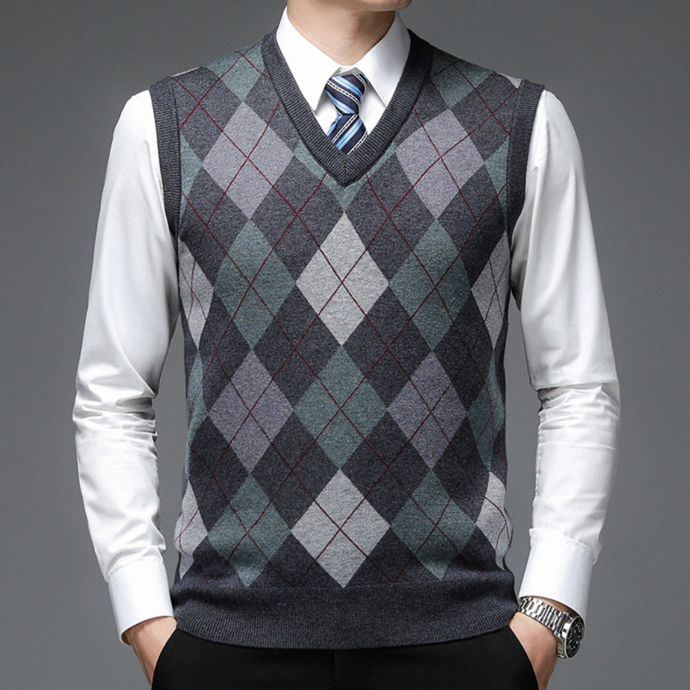 Męski sweter z eleganckim wzorem argyle - Felix-ciemnoszary-S-Trend Polska