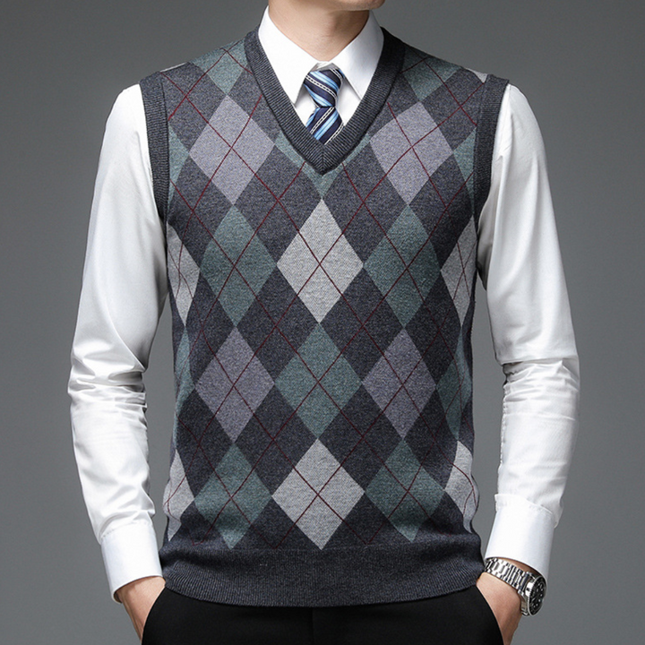 Męski sweter z eleganckim wzorem argyle - Felix-ciemnoszary-S-Trend Polska
