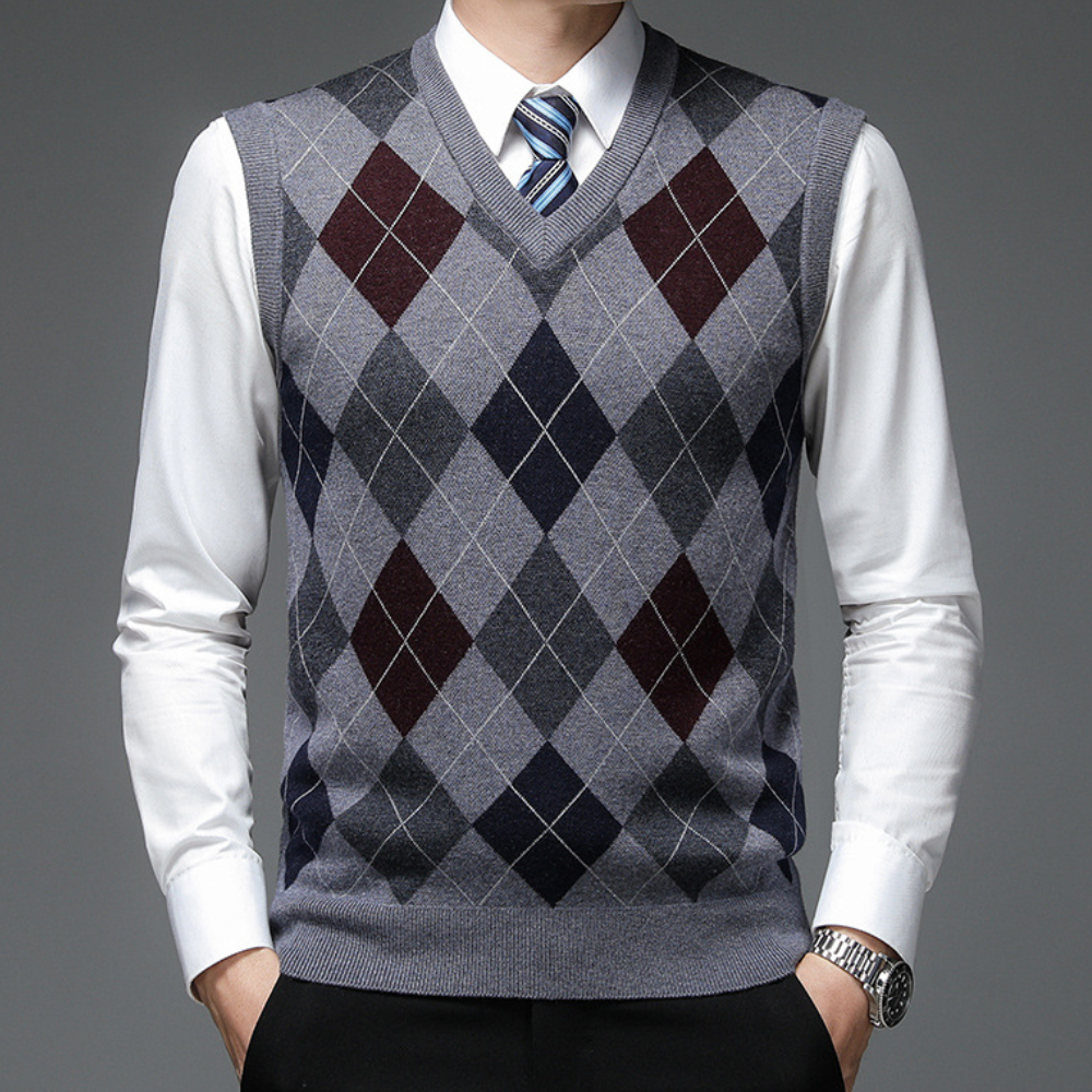 Męski sweter z eleganckim wzorem argyle - Felix-Szary-S-Trend Polska