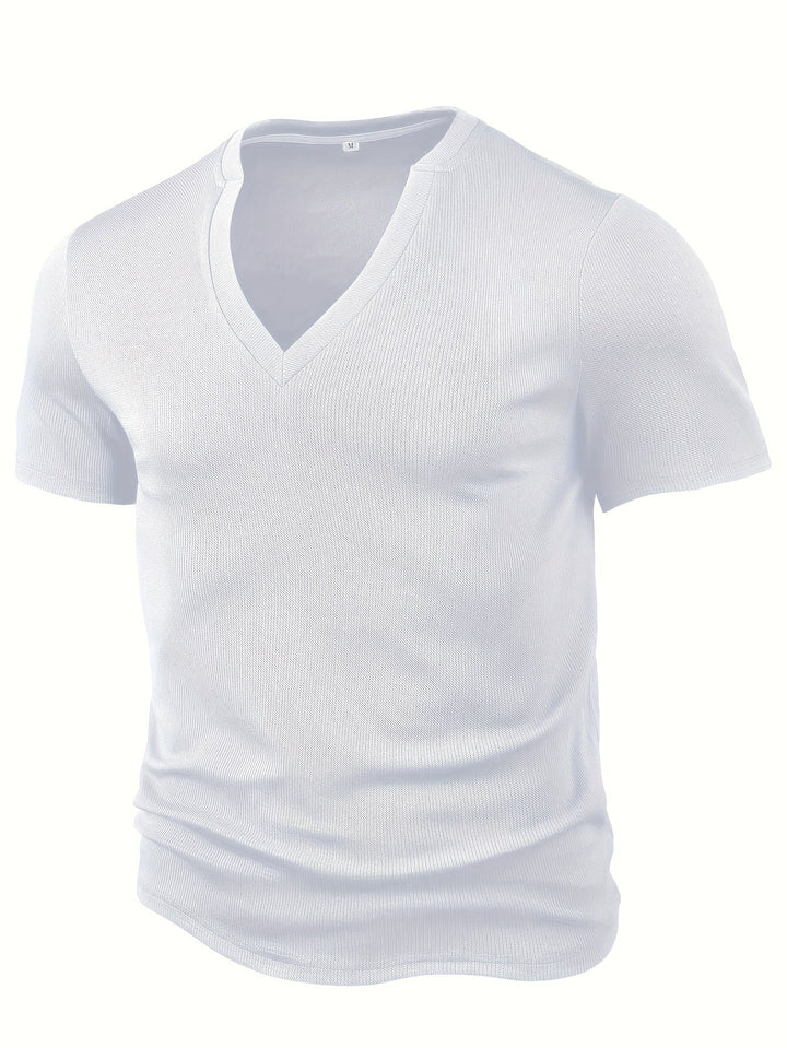 Męski T-shirt z głębokim dekoltem V i teksturą - Rafael-Biały-S-Trend Polska