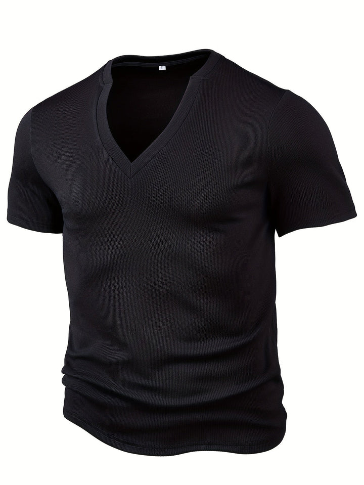 Męski T-shirt z głębokim dekoltem V i teksturą - Rafael-Czarny-S-Trend Polska