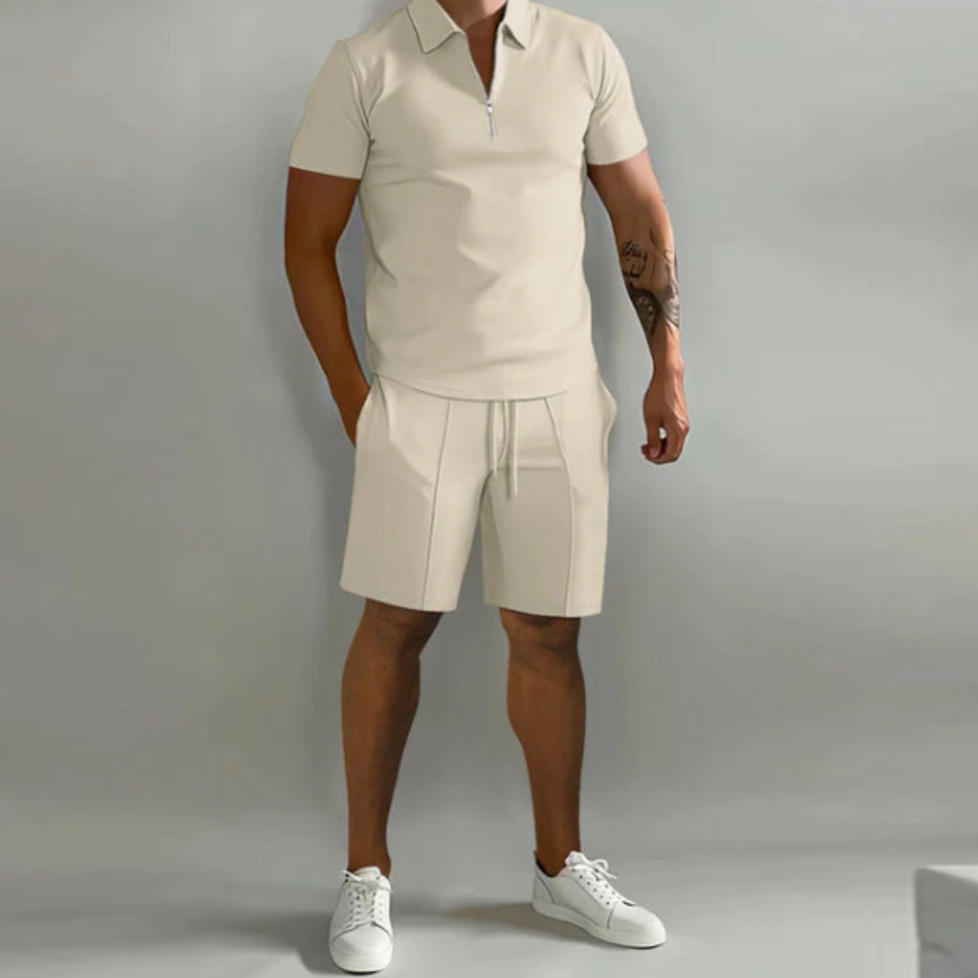 Męski zestaw sportowy polo z zamkiem błyskawicznym i szortami w stylu letnim - Dario-Beżowy-S-Trend Polska