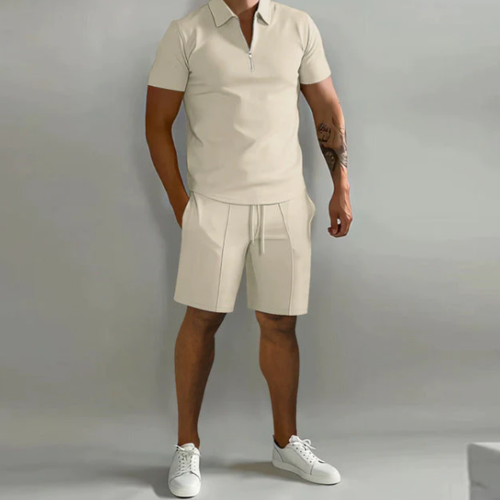 Męski zestaw sportowy polo z zamkiem błyskawicznym i szortami w stylu letnim - Dario-Beżowy-S-Trend Polska