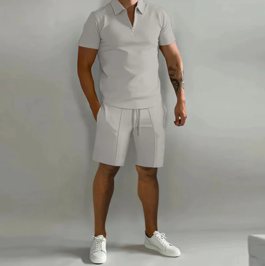 Męski zestaw sportowy polo z zamkiem błyskawicznym i szortami w stylu letnim - Dario-Jasnoszary-S-Trend Polska