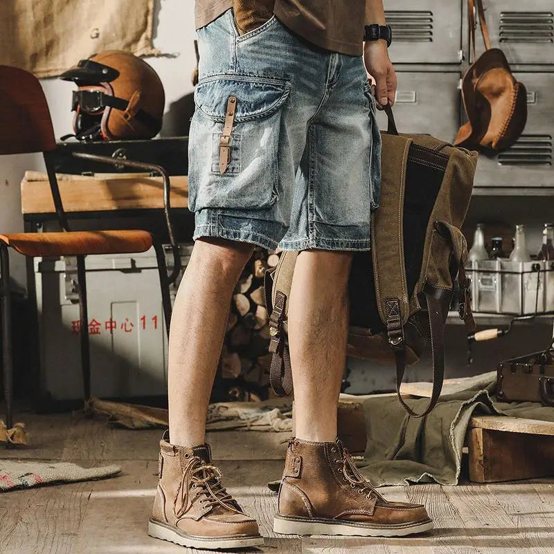 Męskie dżinsowe cargo bermudy w stylu retro motocykli – Ronex-Dżinsowy niebieski-S-Trend Polska