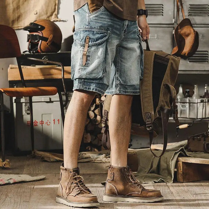 Męskie dżinsowe cargo bermudy w stylu retro motocykli – Ronex-Dżinsowy niebieski-S-Trend Polska