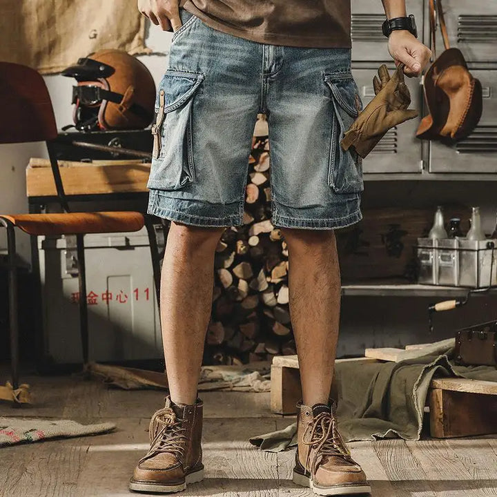 Męskie dżinsowe cargo bermudy w stylu retro motocykli – Ronex-Dżinsowy niebieski-S-Trend Polska