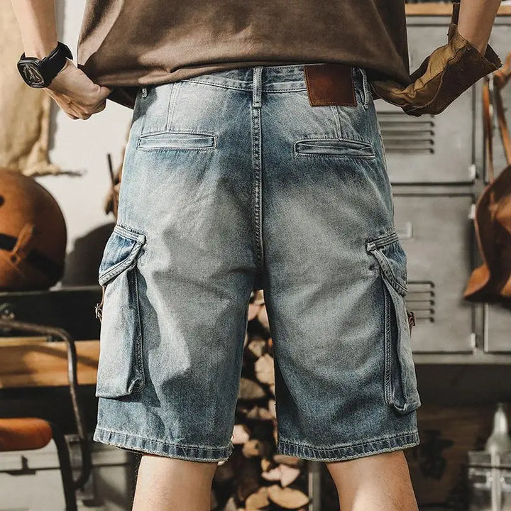 Męskie dżinsowe cargo bermudy w stylu retro motocykli – Ronex-Dżinsowy niebieski-S-Trend Polska