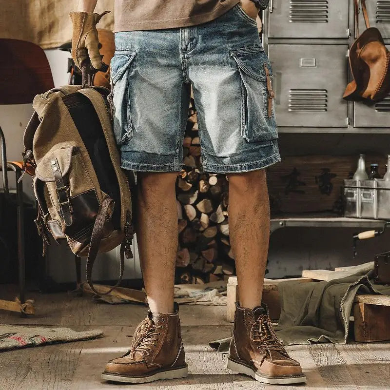 Męskie dżinsowe cargo bermudy w stylu retro motocykli – Ronex-Dżinsowy niebieski-S-Trend Polska