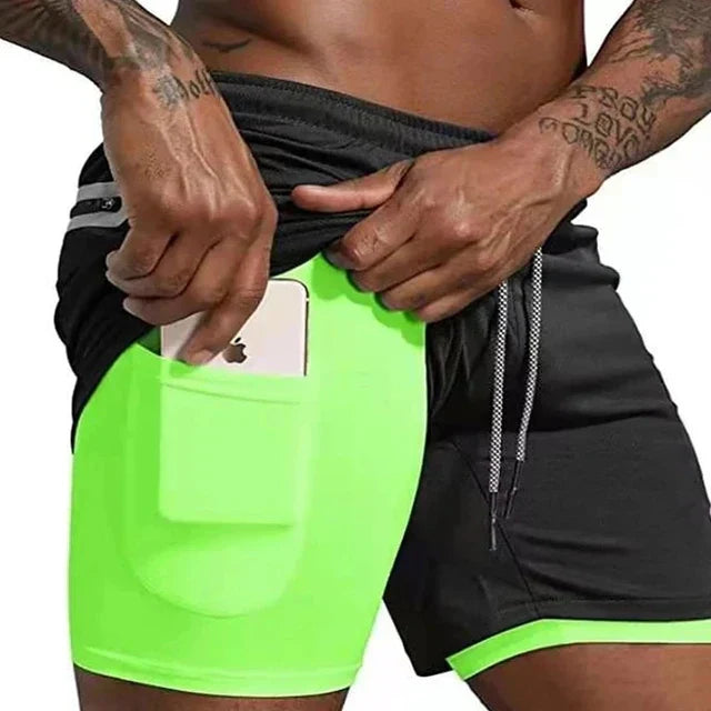 Męskie spodenki biegowe z podwójną warstwą – Milan-Fluorescencyjny zielony-M (50-65kg)-Trend Polska