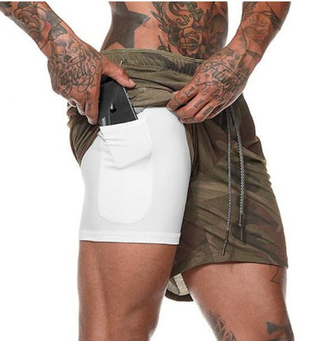 Męskie spodenki biegowe z podwójną warstwą – Milan-Kamuflaż zielony / Biały-M (50-65kg)-Trend Polska