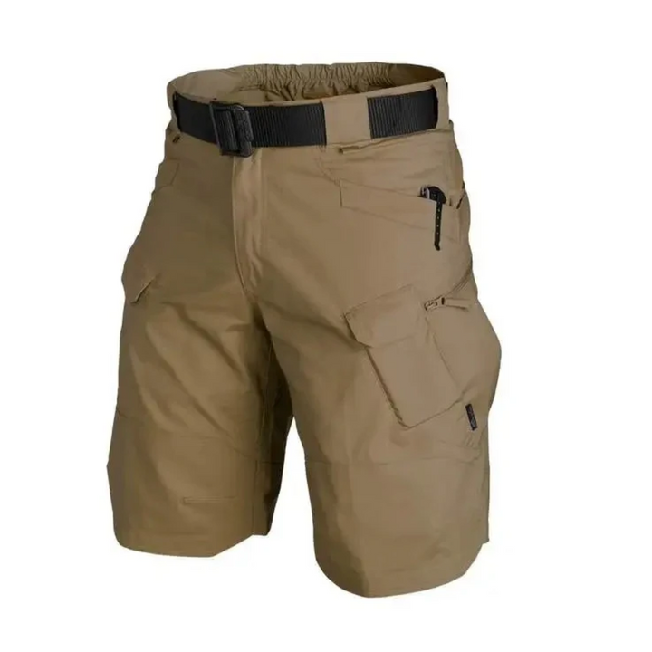 Męskie szorty outdoorowe z 6 kieszeniami zapinanymi na zamek - FlexTrek Cargo Shorts-Brązowy-S-Trend Polska